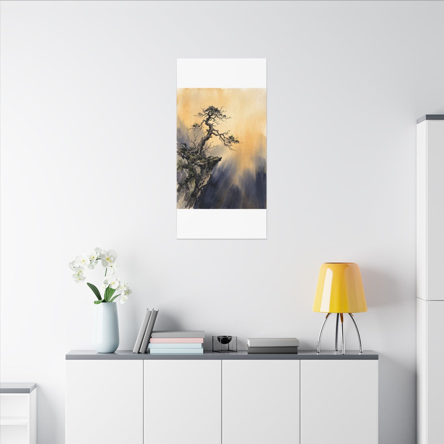 Zen Pine Tree in Golden Hour | Sumi E Canvas Art