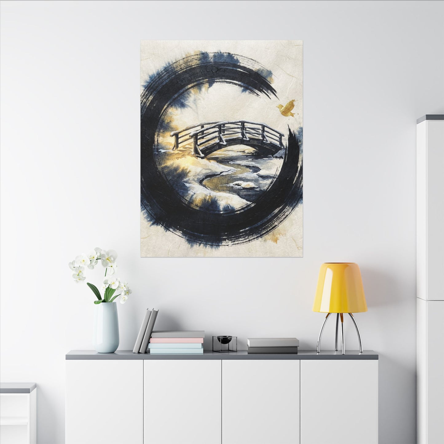 Winter Wooden Bridge Enso Canvas Art | Serene Decor