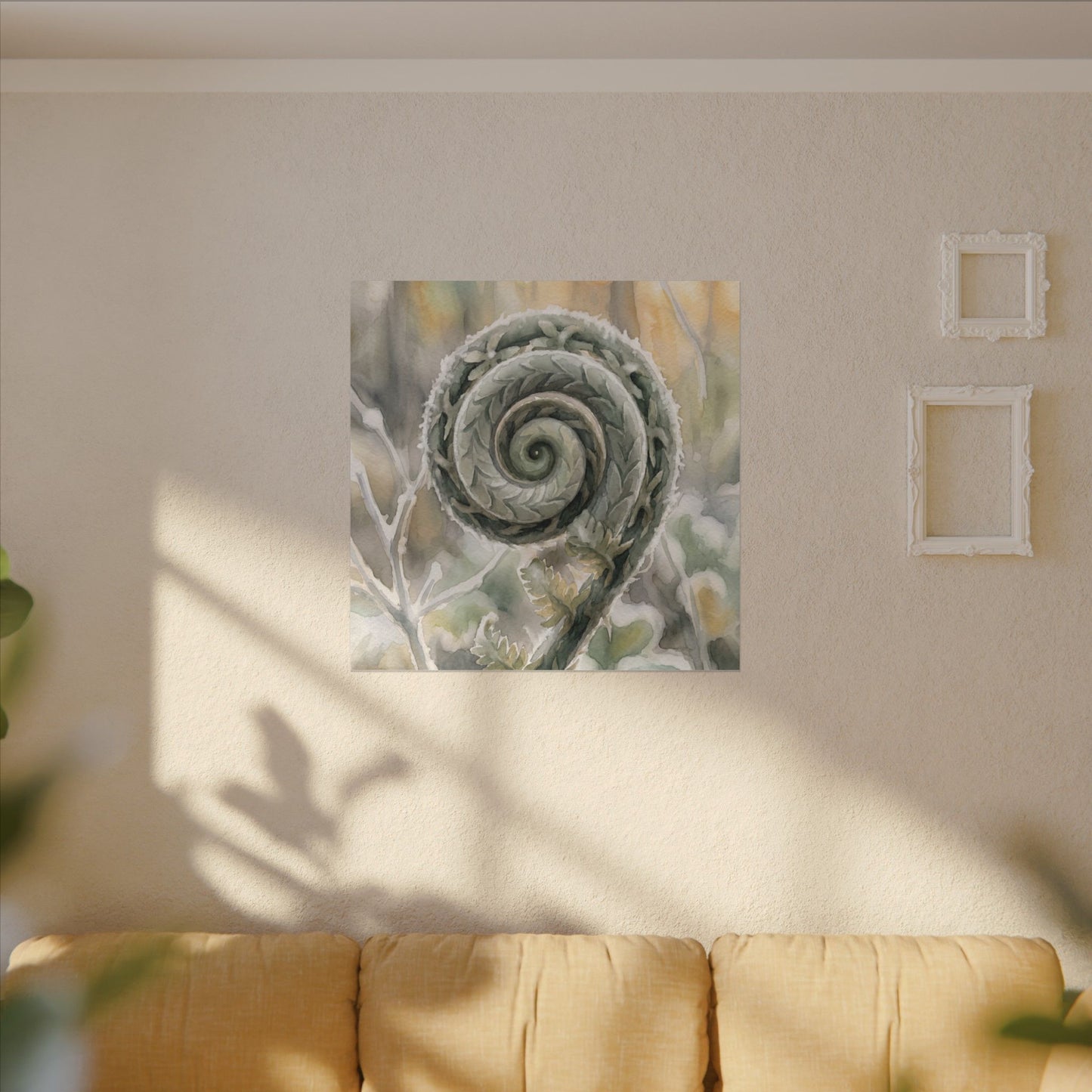 Winter Fern Unfurling Watercolor Canvas Art | Cozy Decor