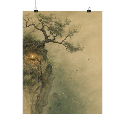 Japandi Pine Tree in Candlelight | Minimal Line Wall Art Print