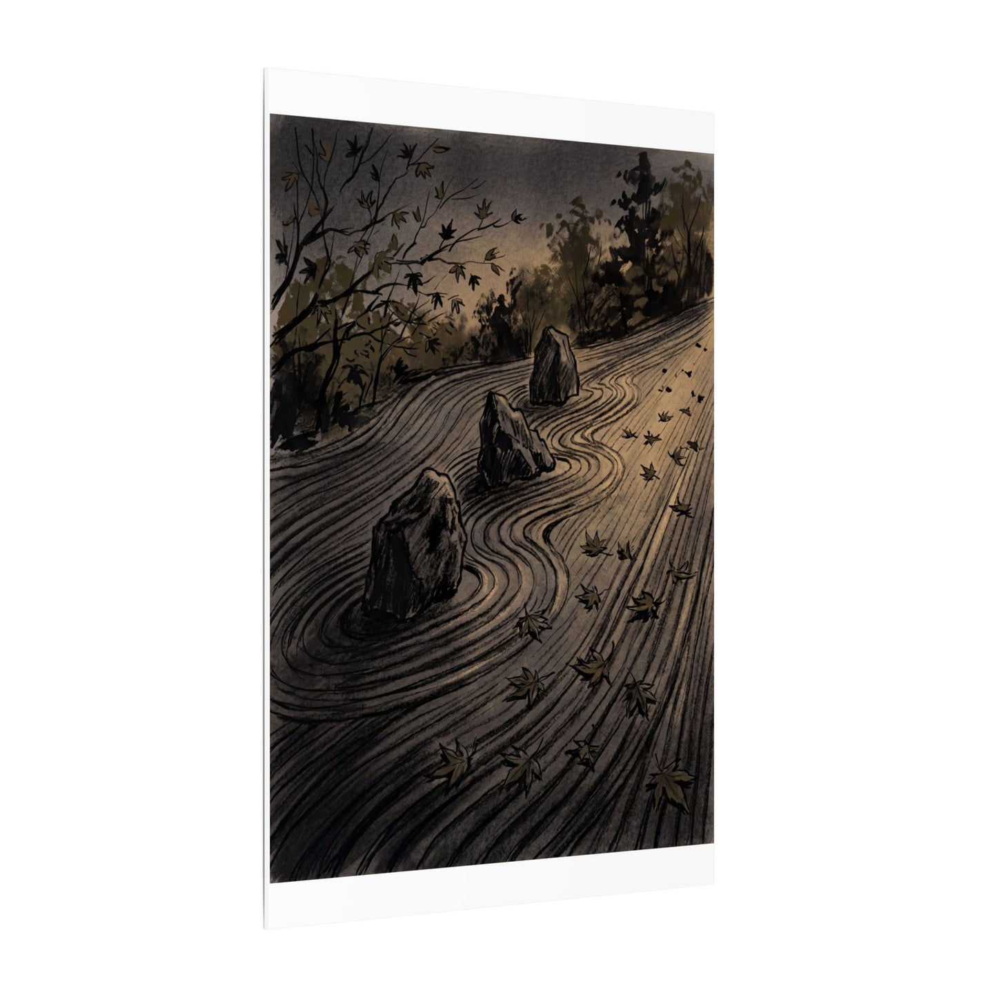 Rock Garden Canvas Art | Autumn Dark Japandi Charcoal Ink Art