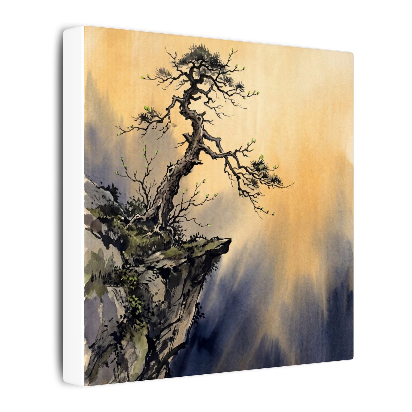 Zen Pine Tree in Golden Hour | Sumi E Canvas Art