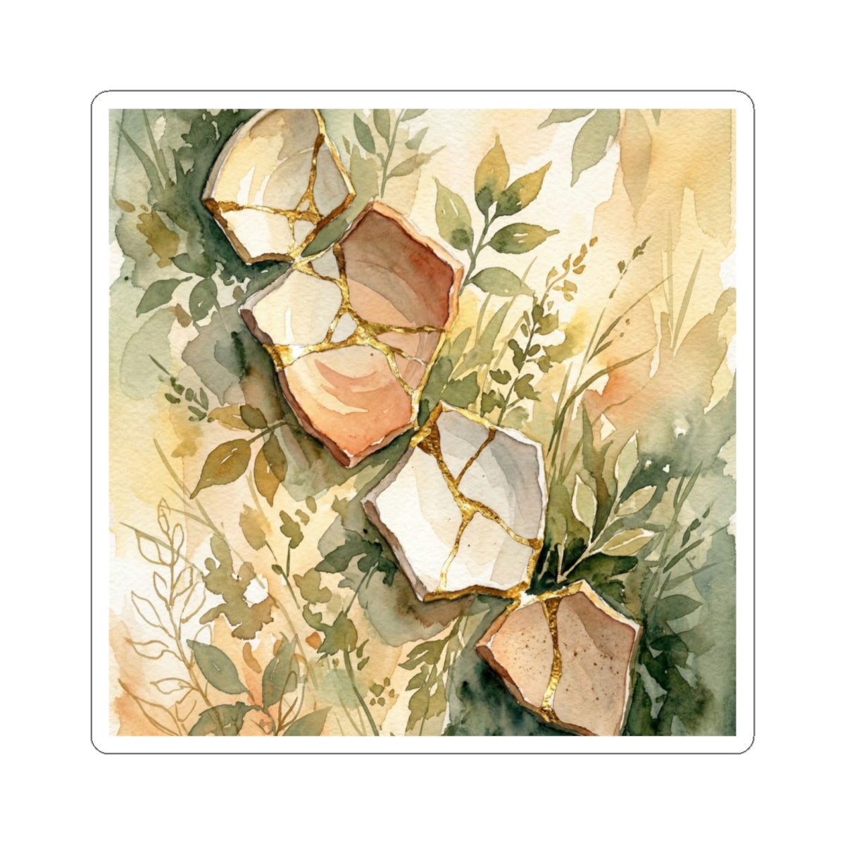 Neutral Broken Pottery Sticker - Watercolor Japandi Art Print