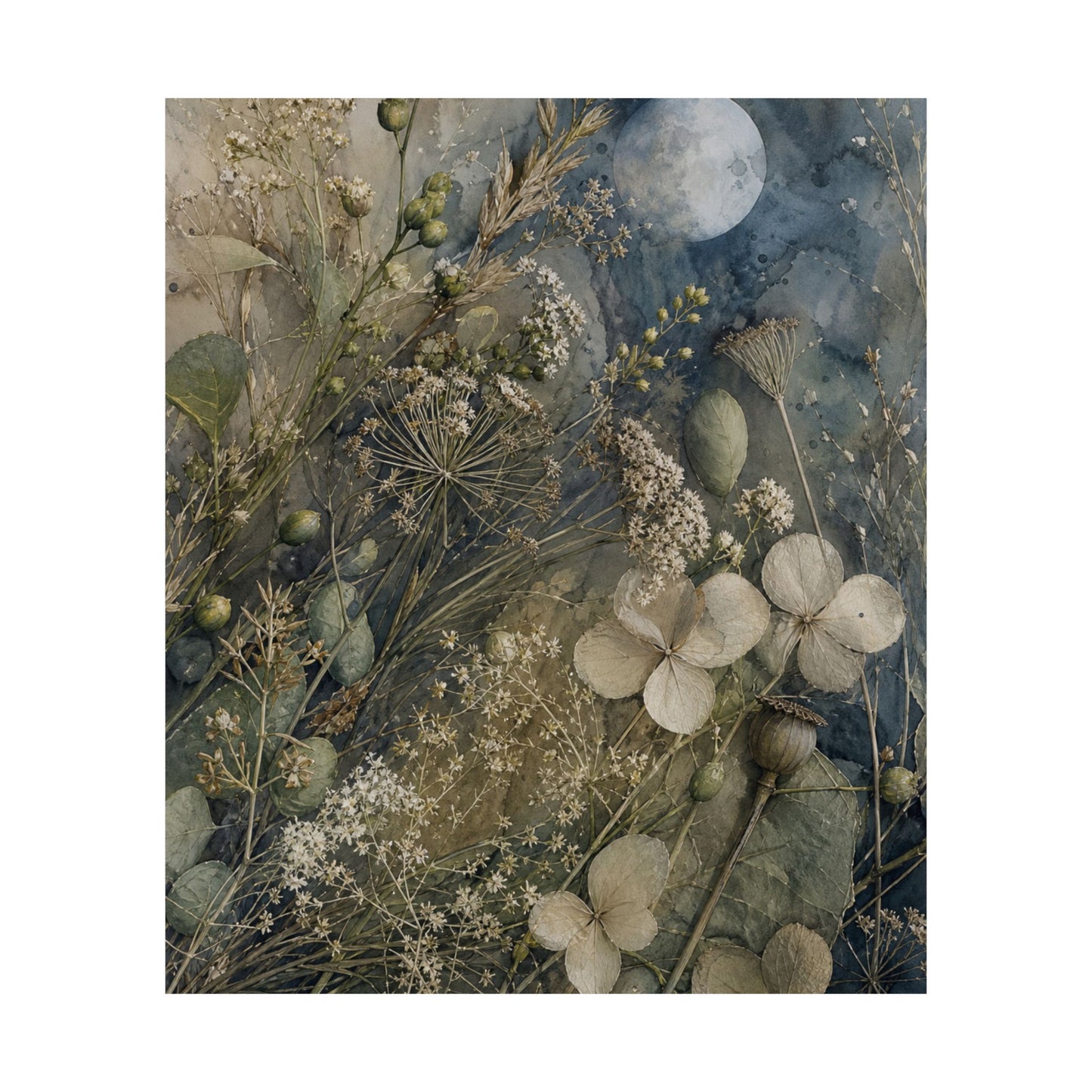 Japandi Dried Flowers in Moonlight | Watercolor Wall Art Print