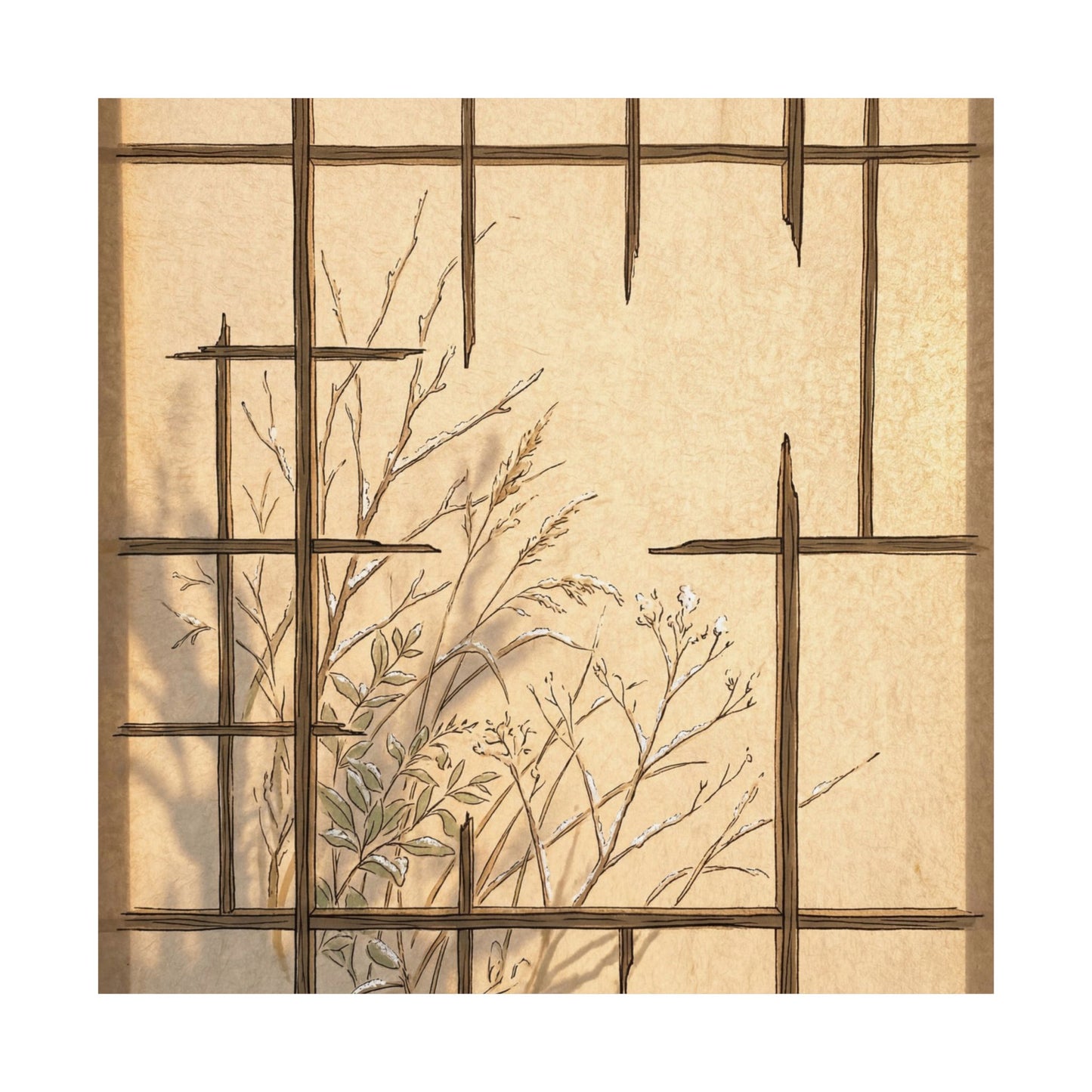 Japandi Shoji Screen in Golden Hour | Minimal Line Wall Art Print