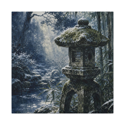 Zen Stone Lantern in Dappled | Sumi E Canvas Art