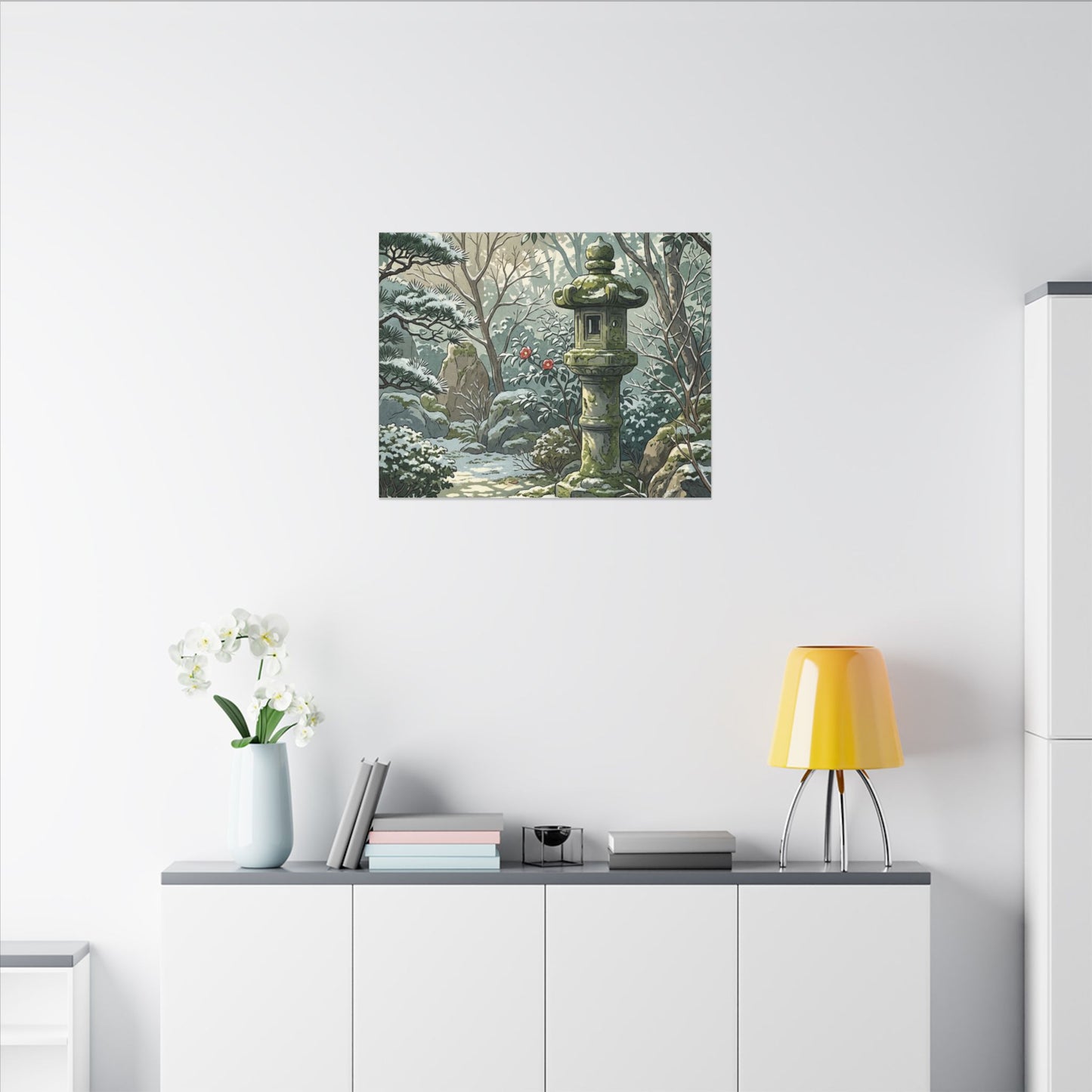 Stone Lantern Winter Canvas Art | Japandi Warm Design
