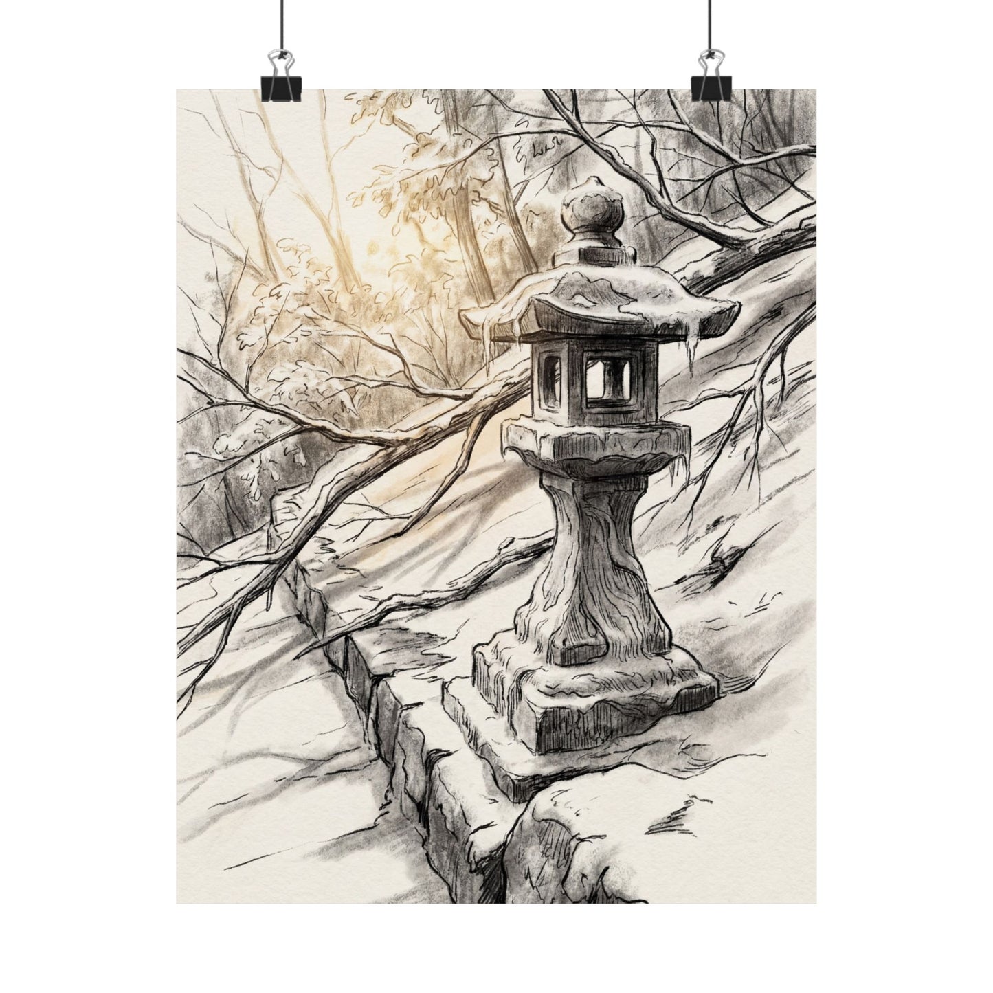 Japandi Stone Lantern in Golden Hour | Minimal Line Wall Art Print Art Print