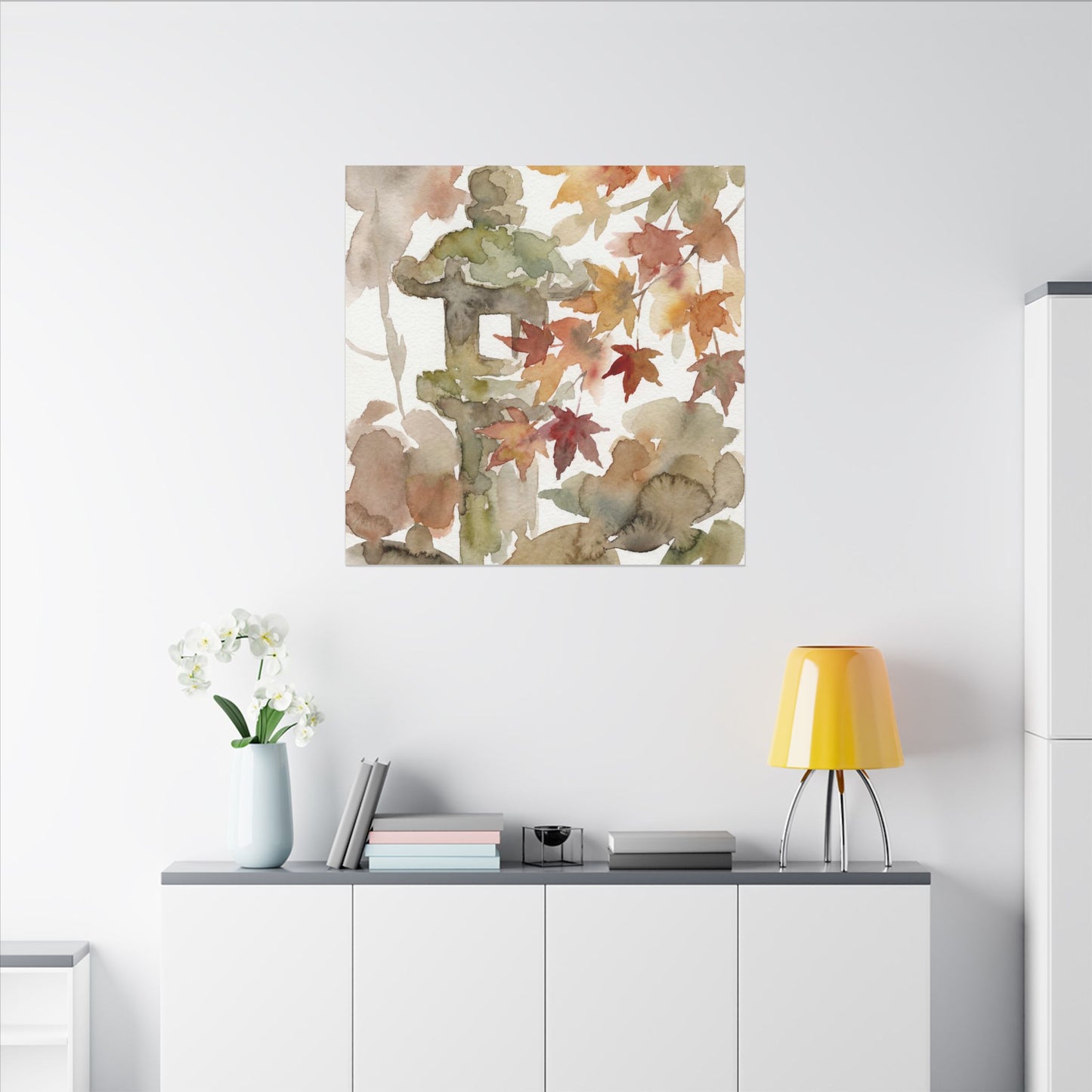 Stone Lantern Watercolor Canvas Art | Earthy Japandi Art