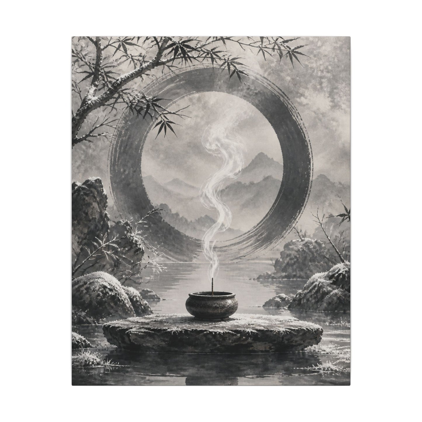 Incense Smoke Canvas Art | Winter Zen Sumi E Art