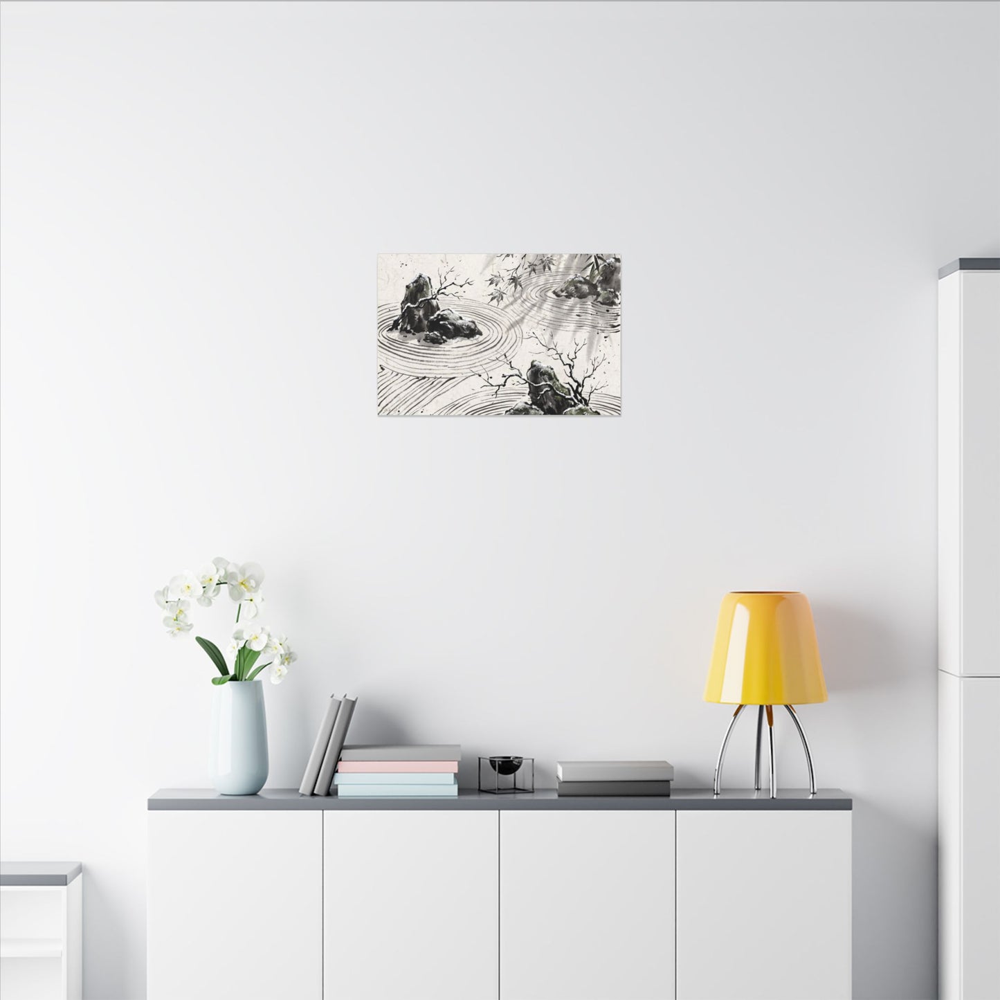 Rock Garden Canvas Art | Winter Zen Sumi E Art