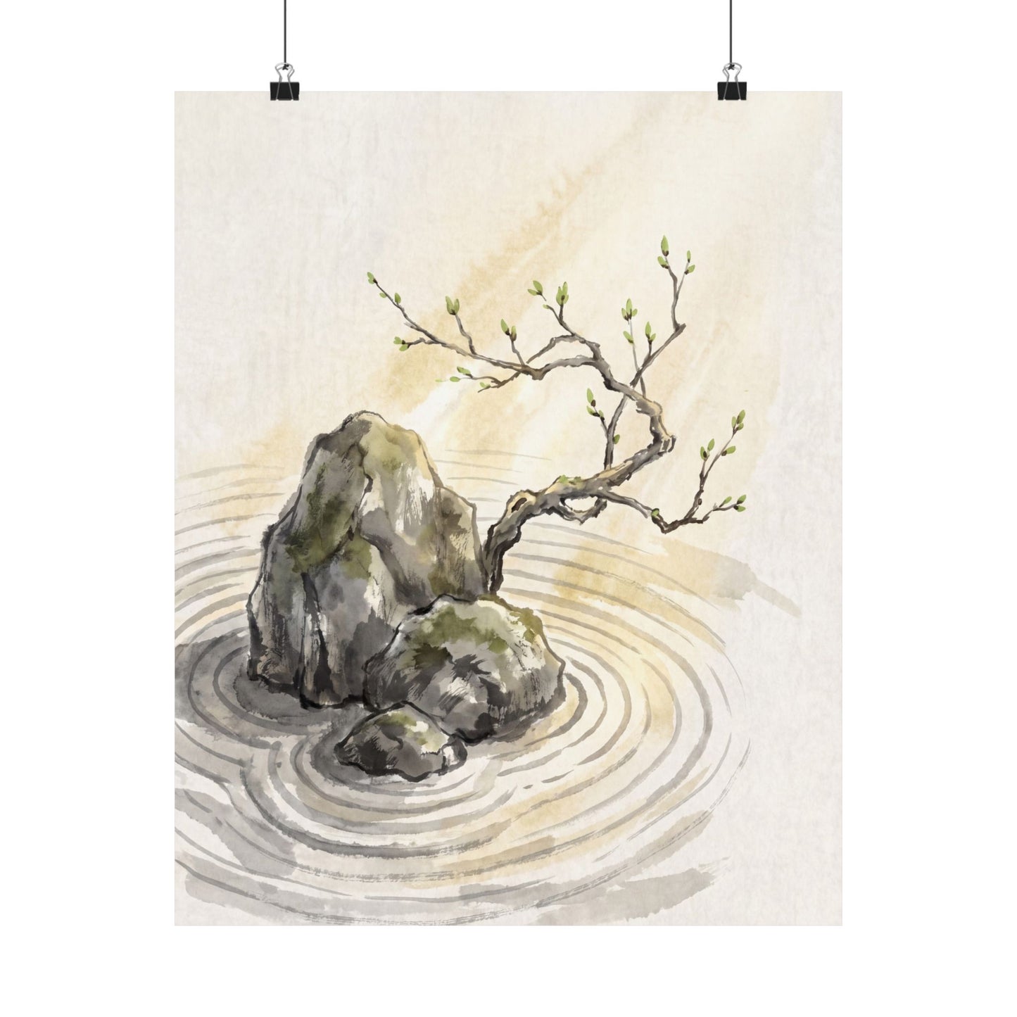 Zen Rock Garden in Golden Hour | Sumi E Wall Art Print Art Print