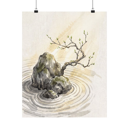 Zen Rock Garden in Golden Hour | Sumi E Wall Art Print Art Print