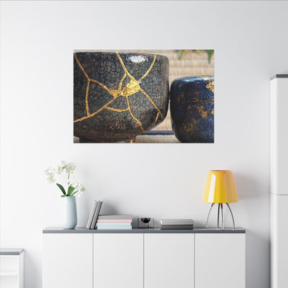Tea Ceremony Crackle Gold Canvas Art | Philosophical Kintsugi Art