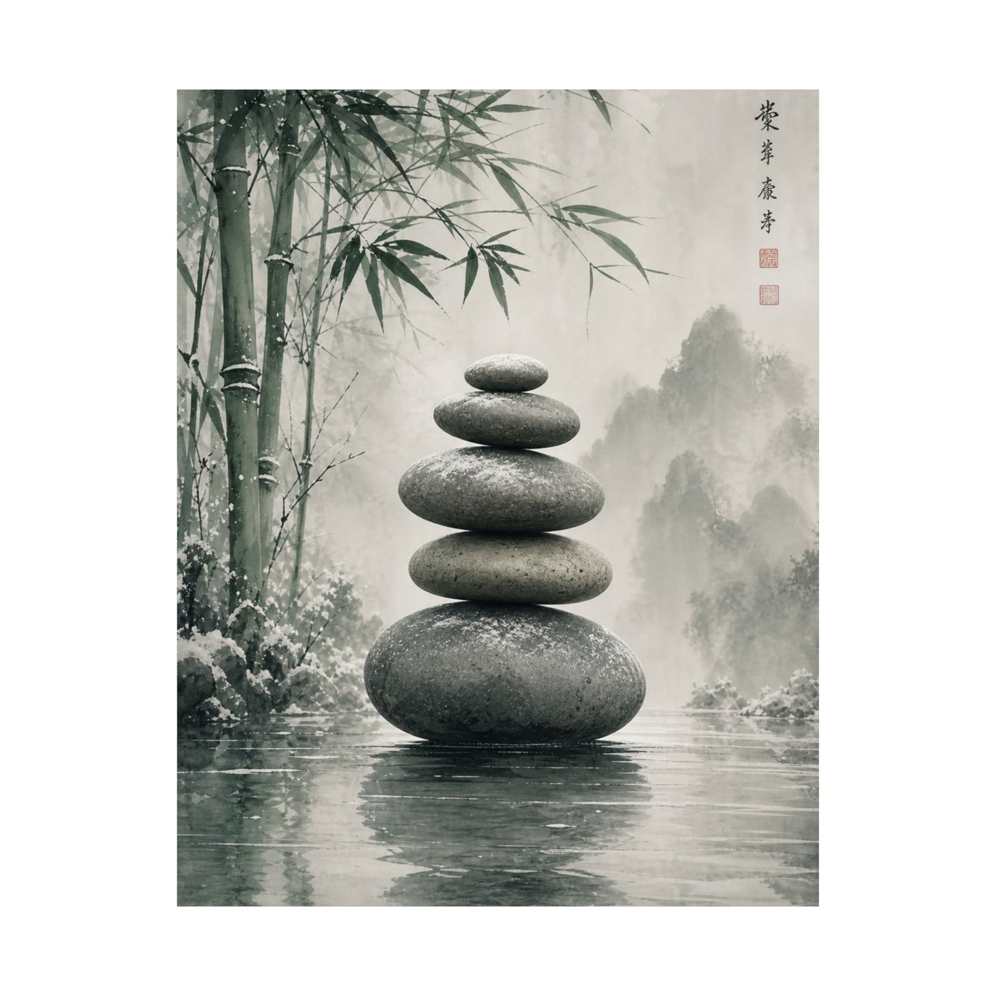 River Stones Sumi E Wall Art Print | Tranquil Zen Art
