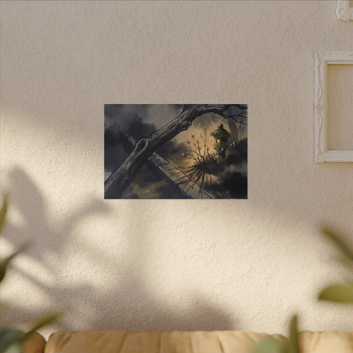 Dark Japandi Moonlit Garden in Golden Hour | Charcoal Ink Canvas Art