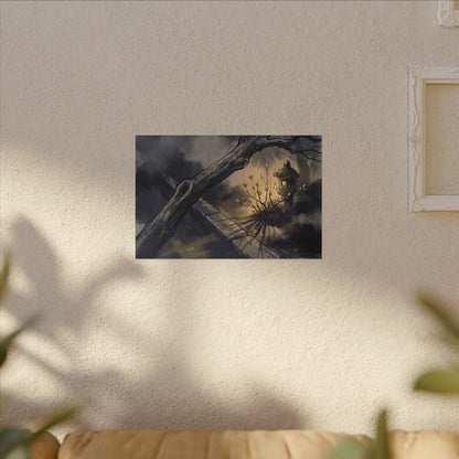 Dark Japandi Moonlit Garden in Golden Hour | Charcoal Ink Canvas Art
