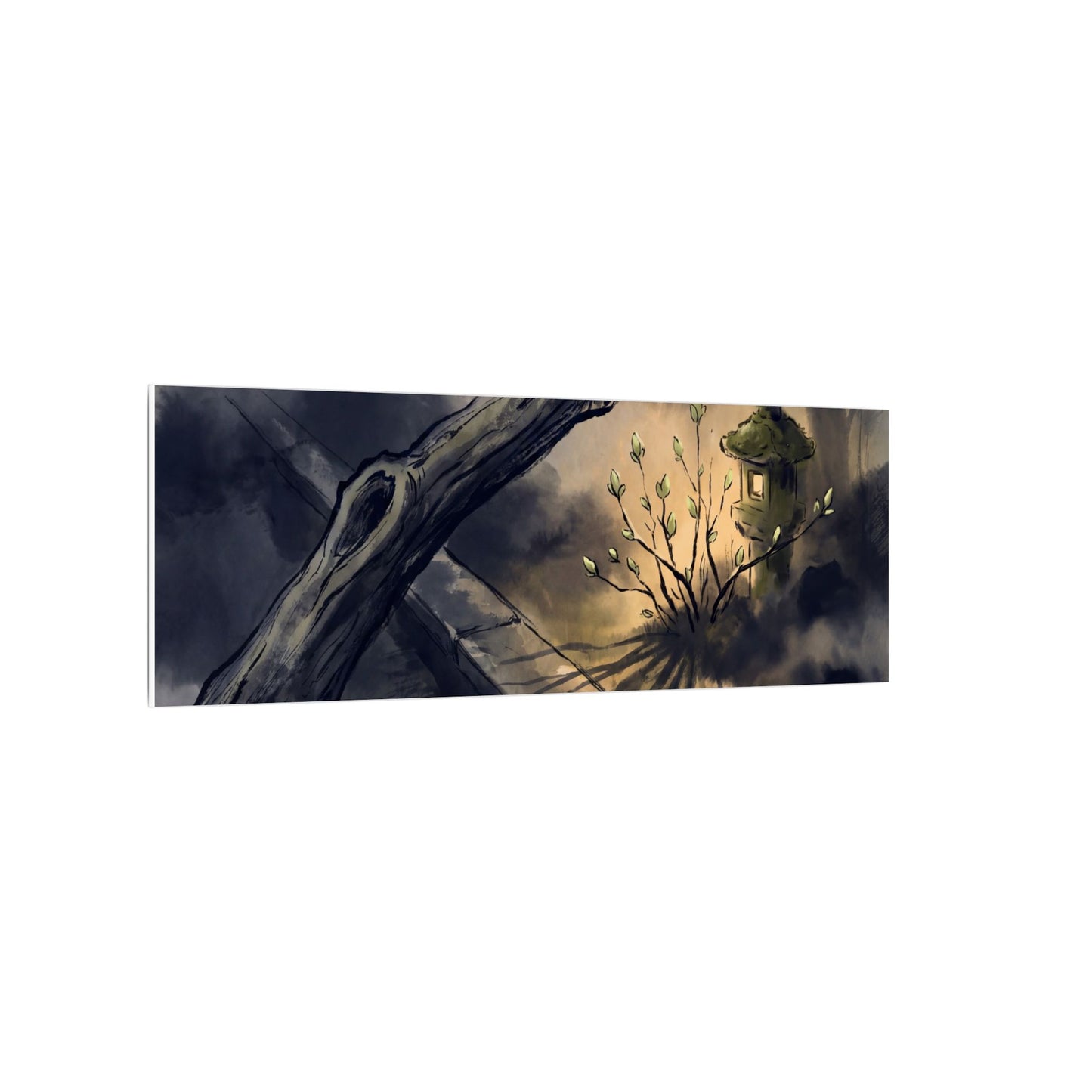 Dark Japandi Moonlit Garden in Golden Hour | Charcoal Ink Canvas Art
