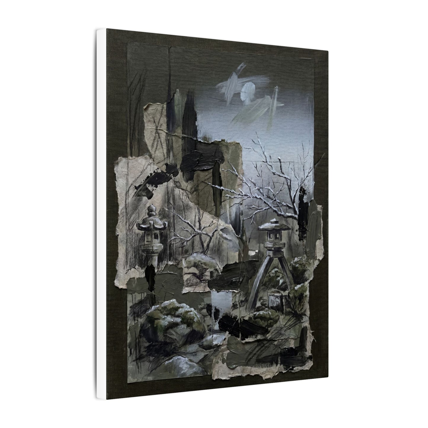 Winter Moonlit Garden Dark Texture Canvas Art | Moody Decor