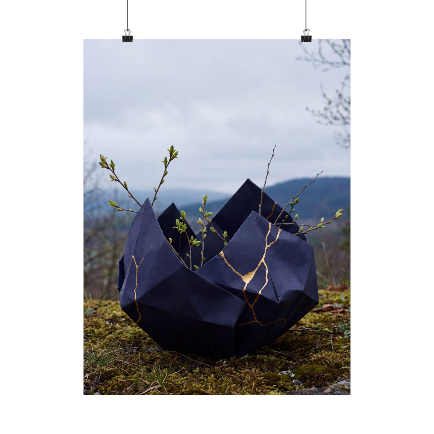 Kintsugi Paper Fold in Overcast | Gold Repair Wall Art Print