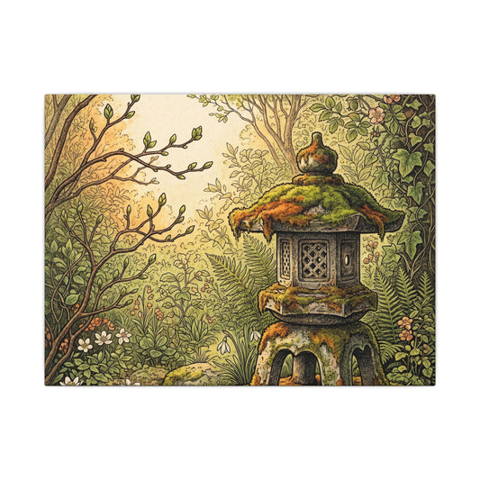 Cottagecore Stone Lantern in Golden Hour | Vintage Botanical Canvas Art