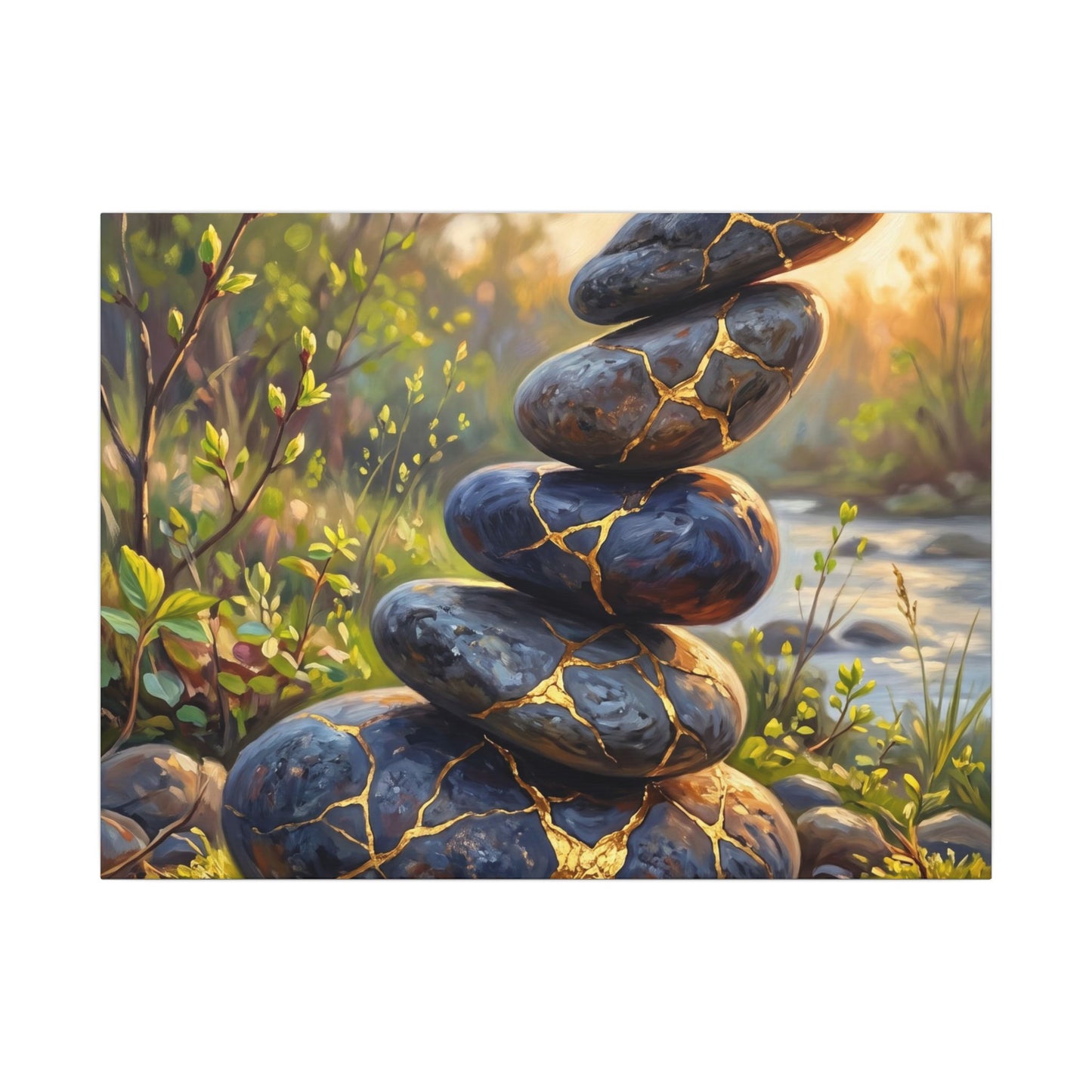 Spring River Stones Gold Repair Canvas Art | Healing Decor
