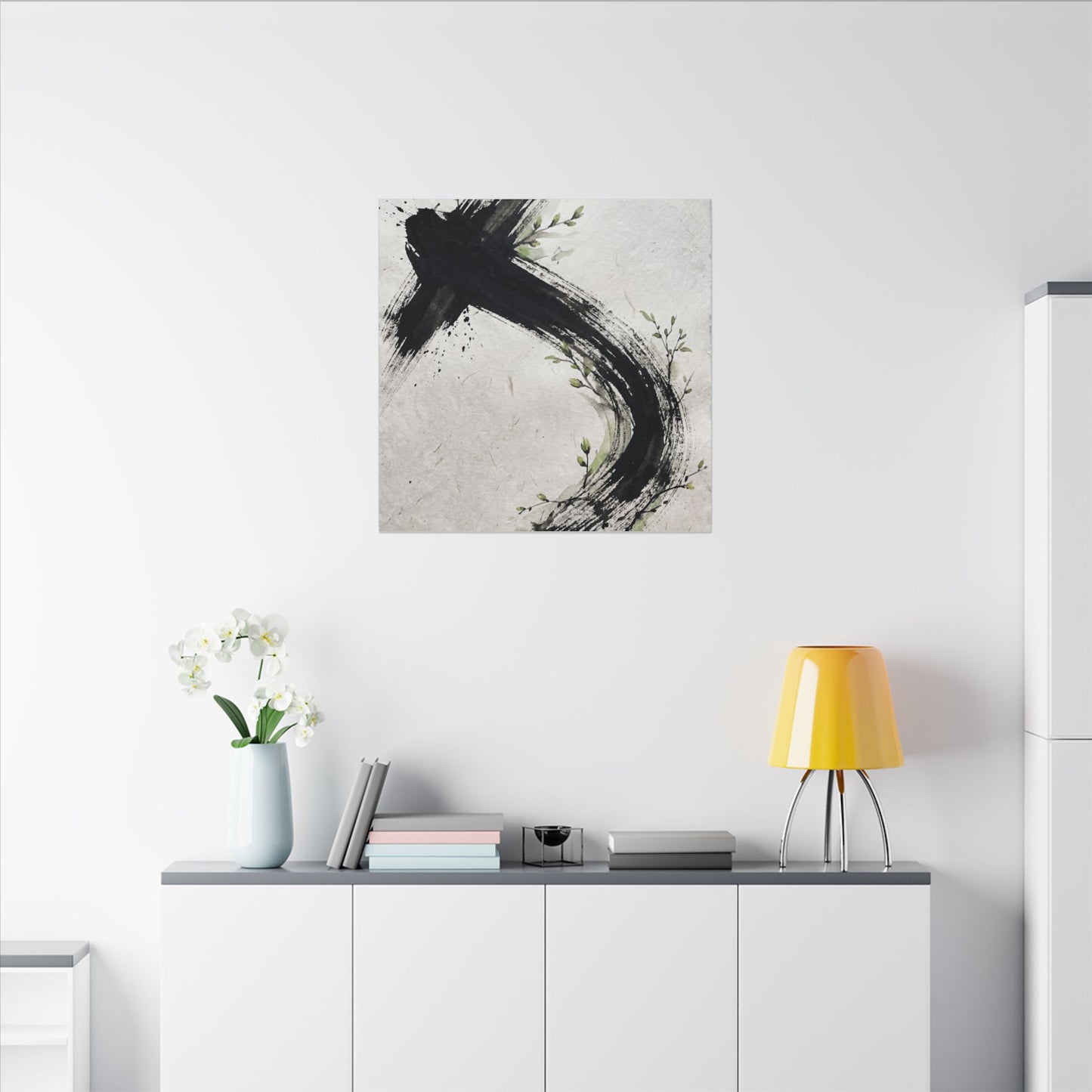 Ink Brushstroke Spring Canvas Art | Dark Japandi Sophisticated Design
