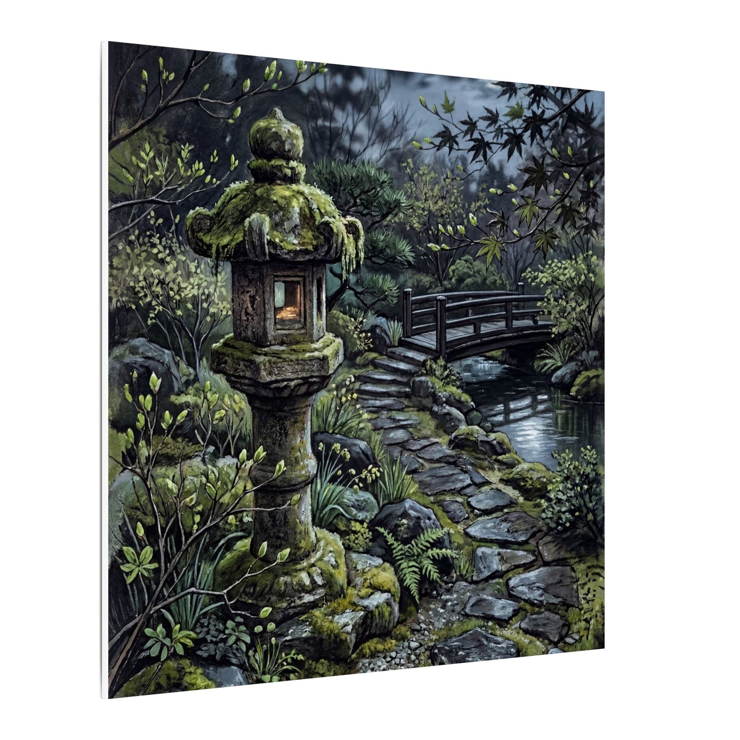 Japandi Stone Lantern in Moonlight | Texture Canvas Art