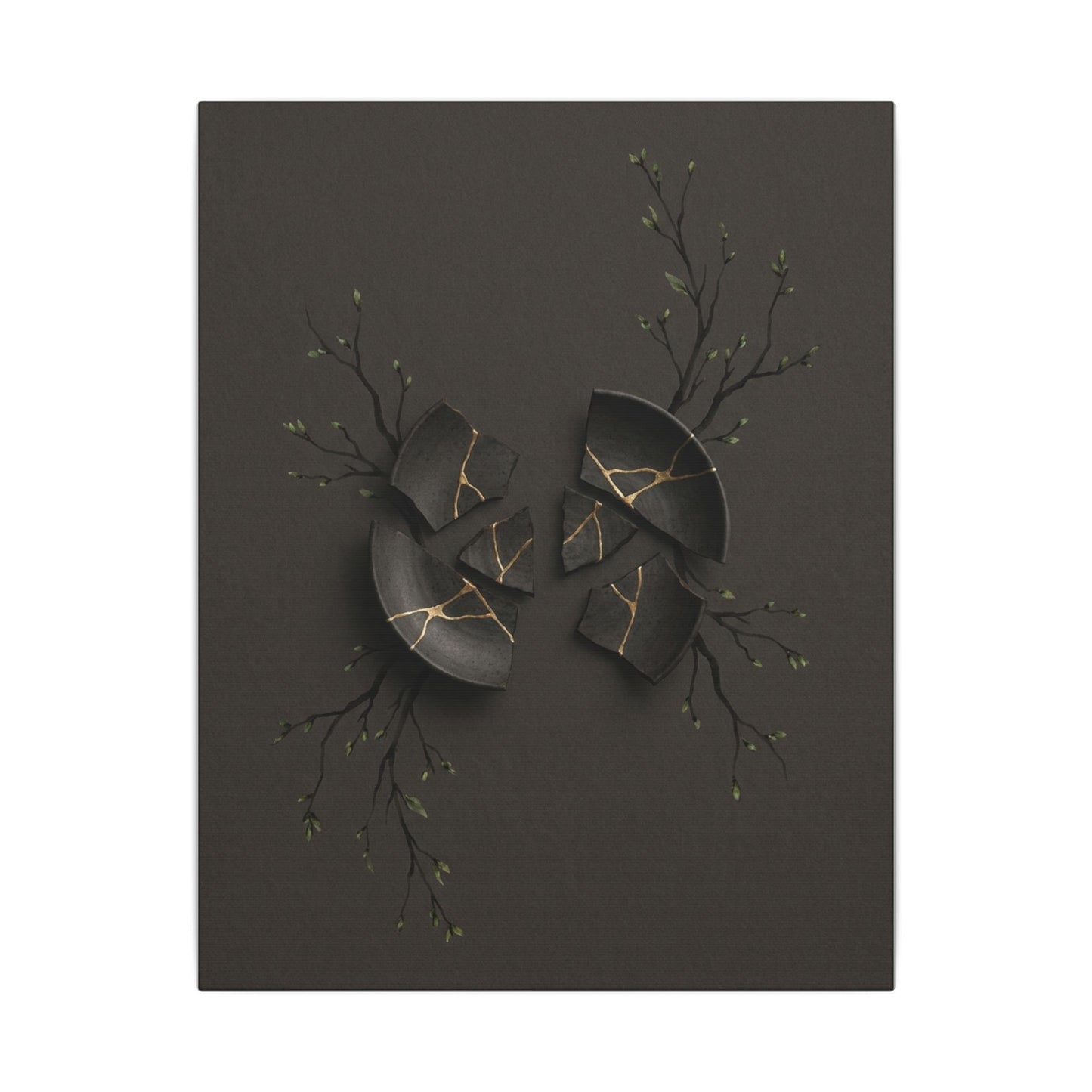 Sophisticated Broken Pottery Canvas Art - Charcoal Ink Dark Japandi