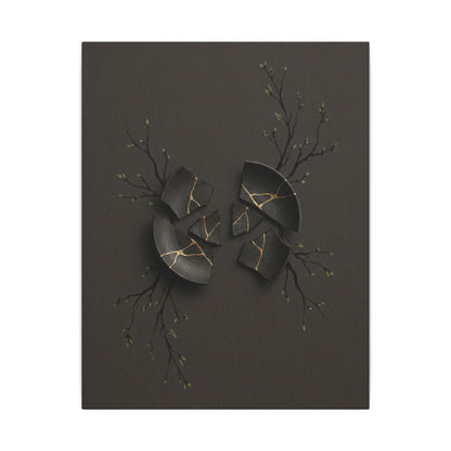 Sophisticated Broken Pottery Canvas Art - Charcoal Ink Dark Japandi
