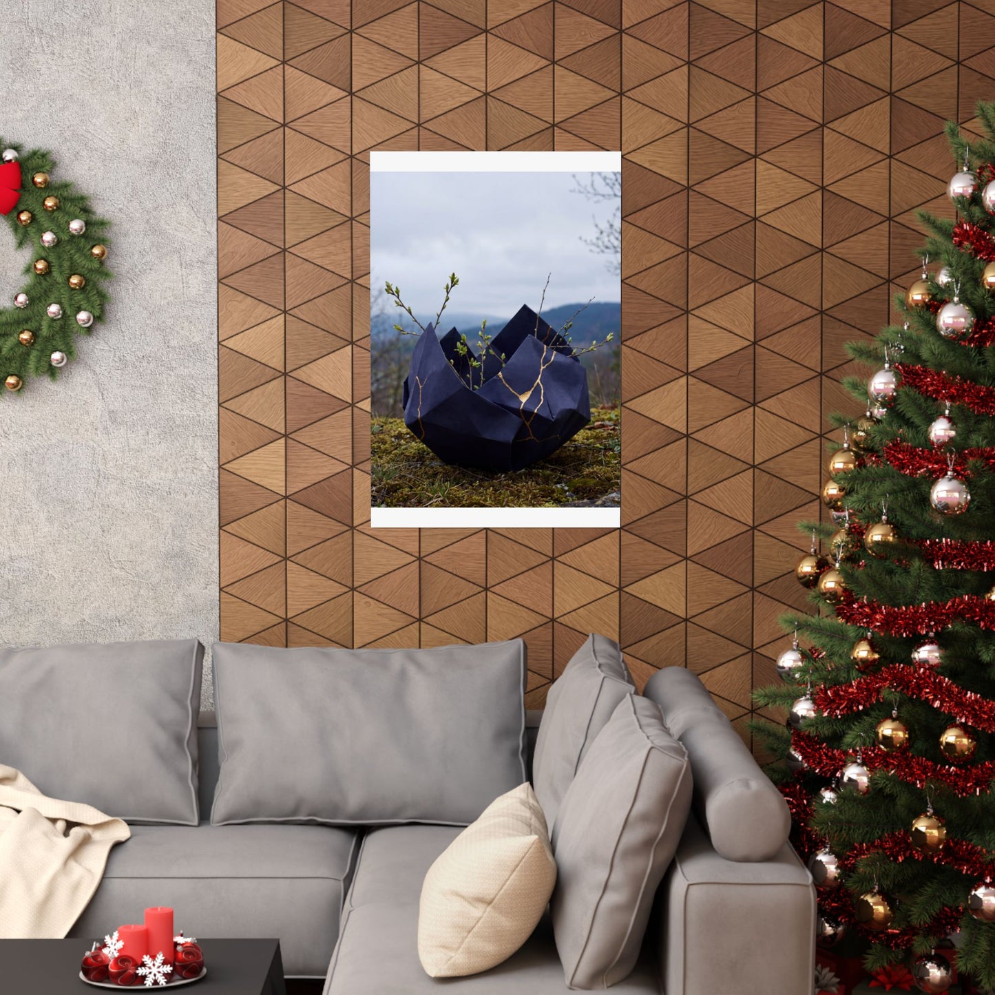 Kintsugi Paper Fold in Overcast | Gold Repair Wall Art Print