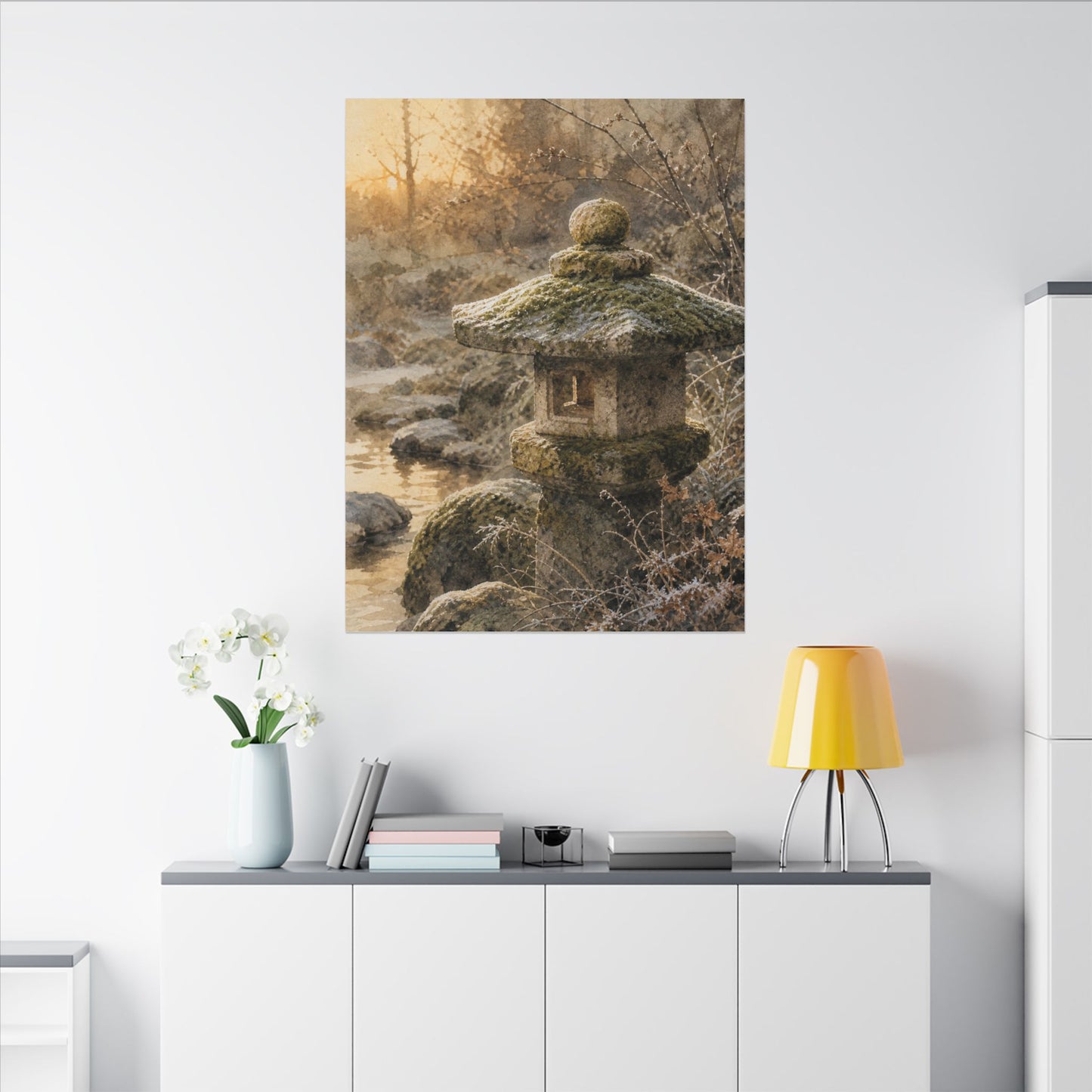 Winter Stone Lantern Watercolor Canvas Art | Earthy Decor