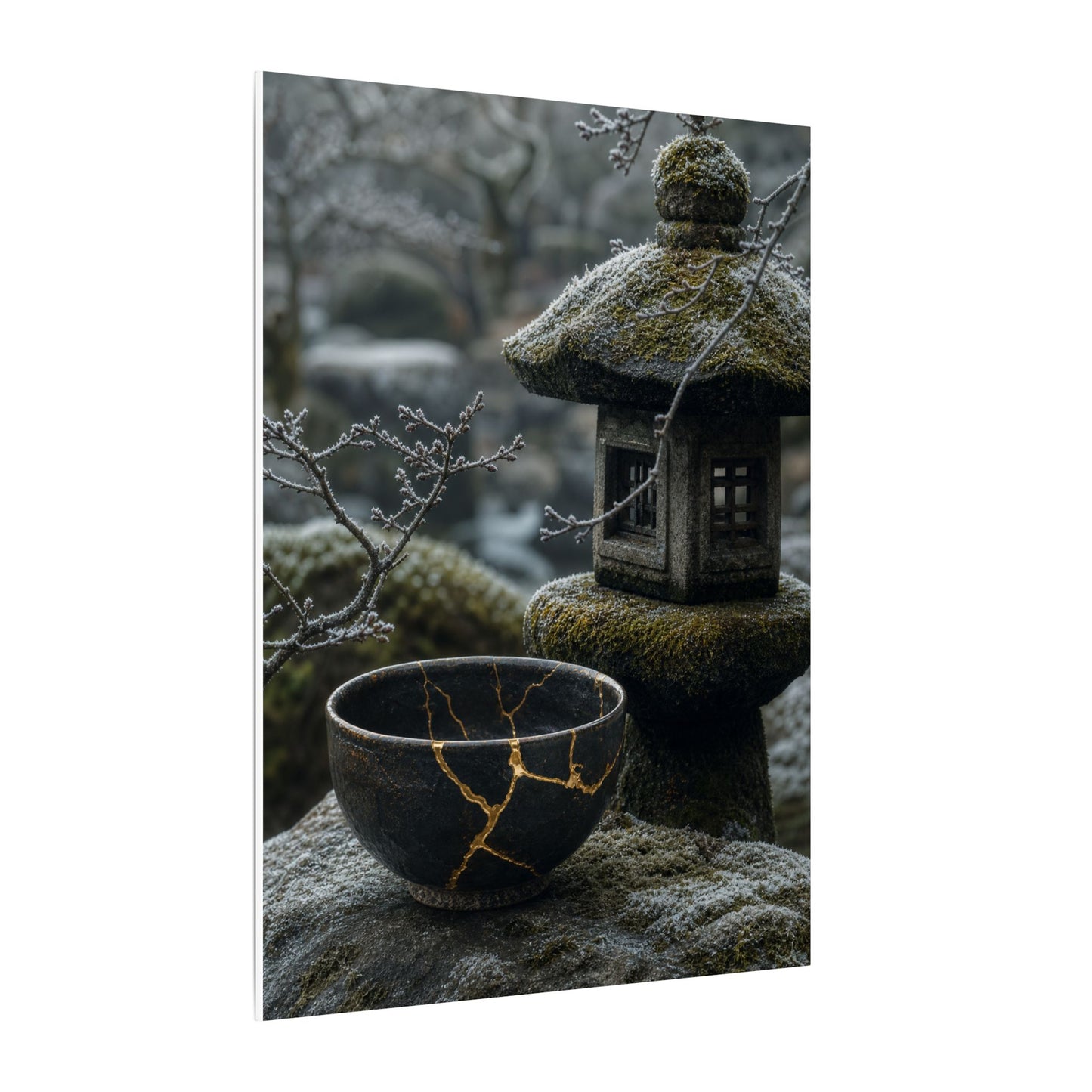 Stone Lantern Canvas Art | Winter Kintsugi Gold Repair Art