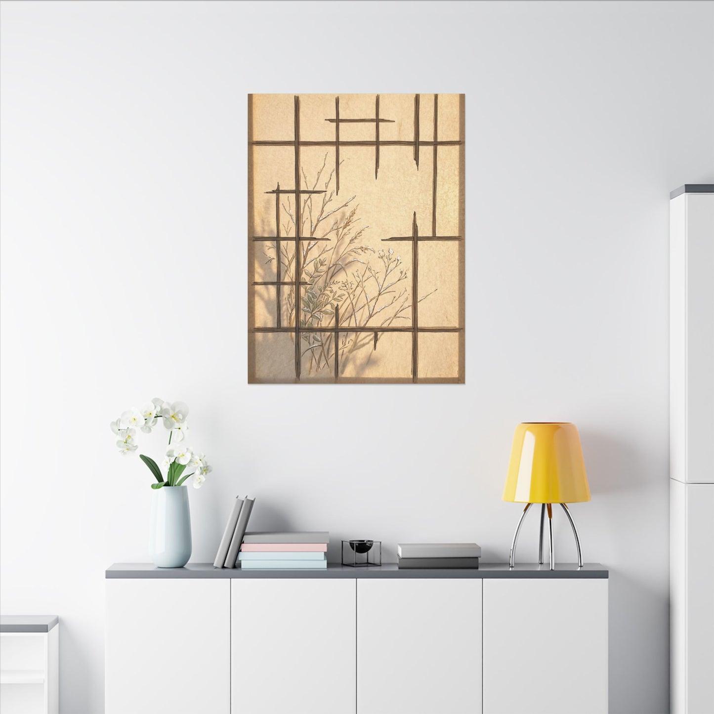 Shoji Screen Canvas Art | Winter Japandi Minimal Line Art