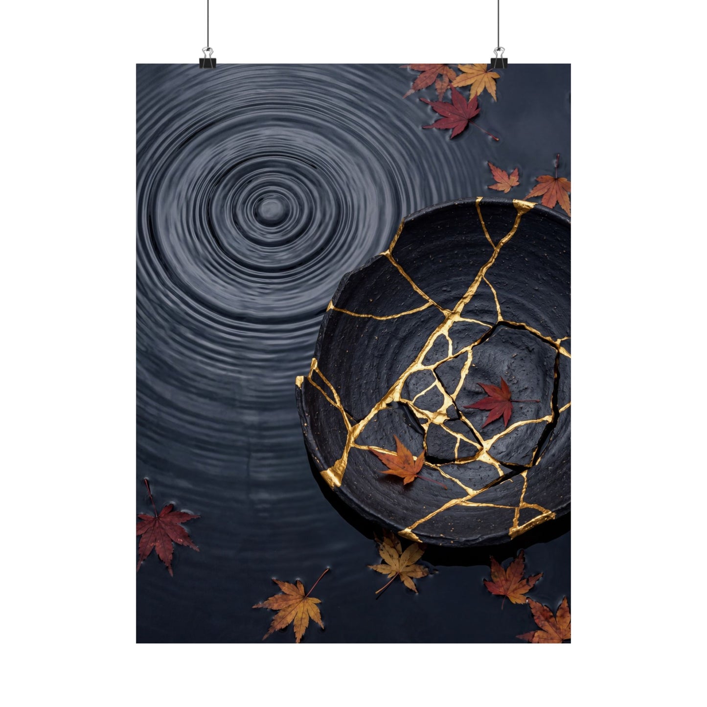 Kintsugi Water Ripple in Overcast | Gold Repair Wall Art Print