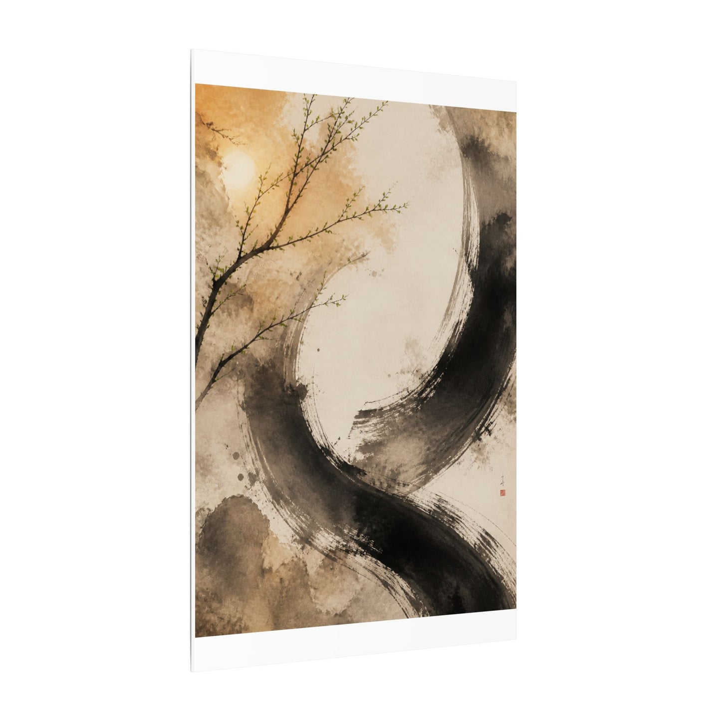 Japandi Ink Brushstroke in Golden Hour | Watercolor Canvas Art