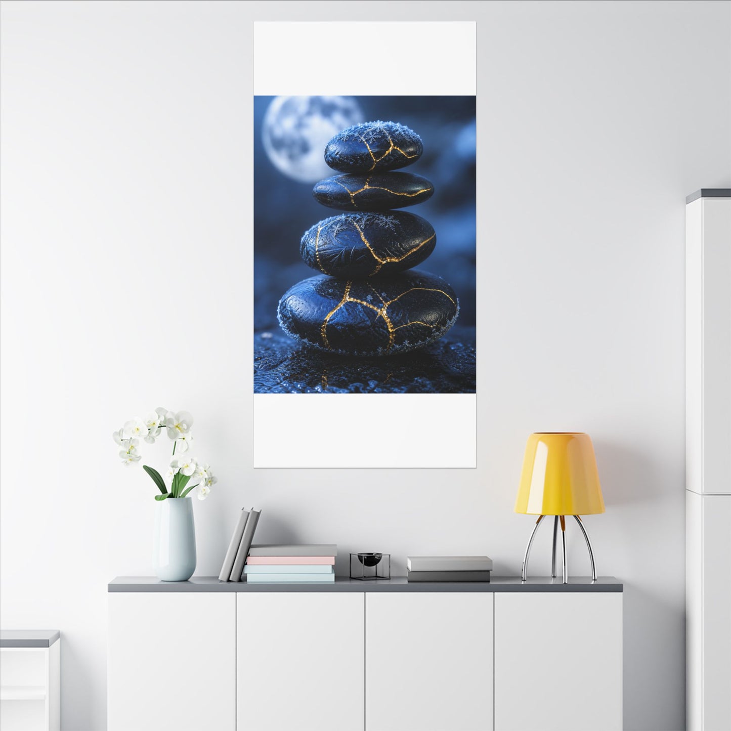 River Stones Canvas Art | Winter Kintsugi Gold Repair Art