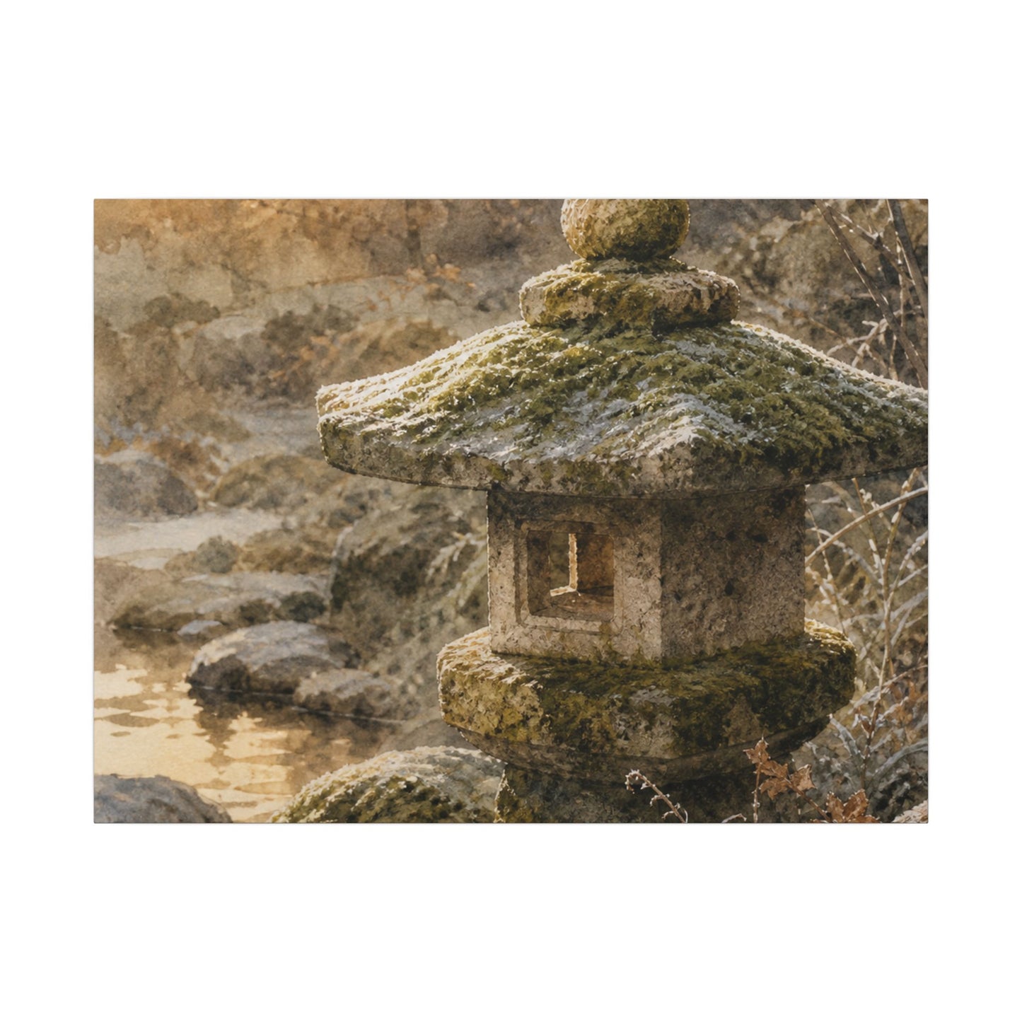 Winter Stone Lantern Watercolor Canvas Art | Earthy Decor