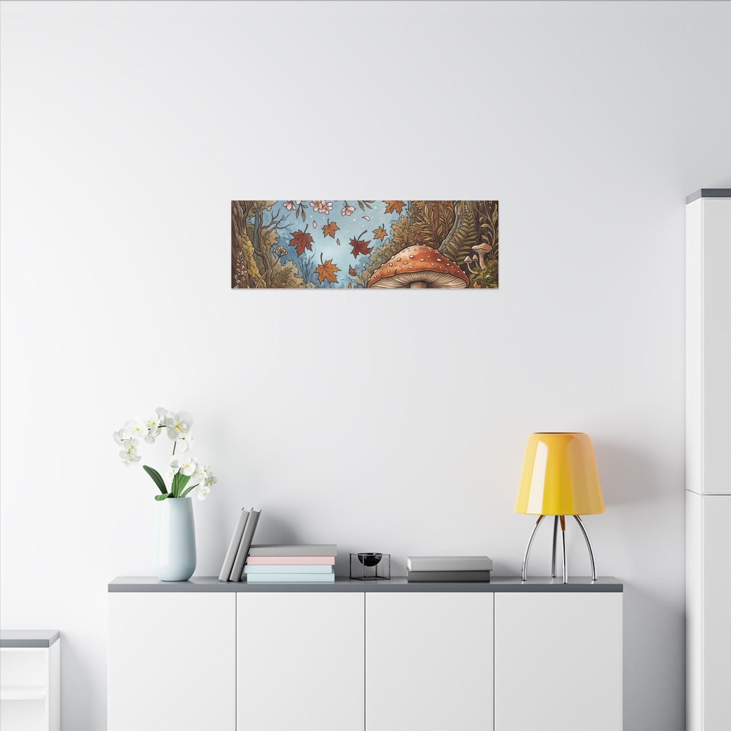 Autumn Cherry Blossom Mushroom Illustration Canvas Art | Enchanting Decor