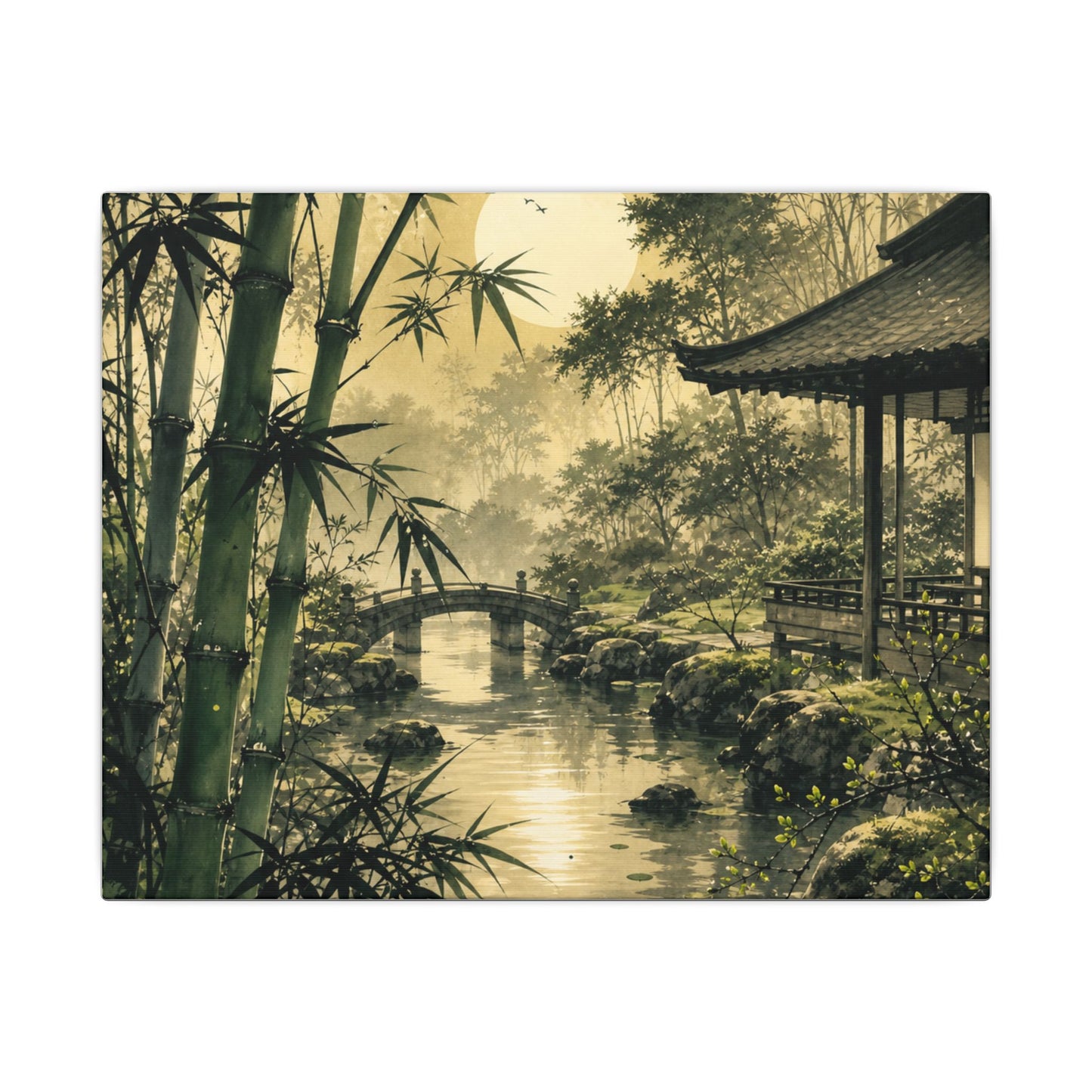 Moonlit Garden Sumi E Canvas Art | Calm Zen Art