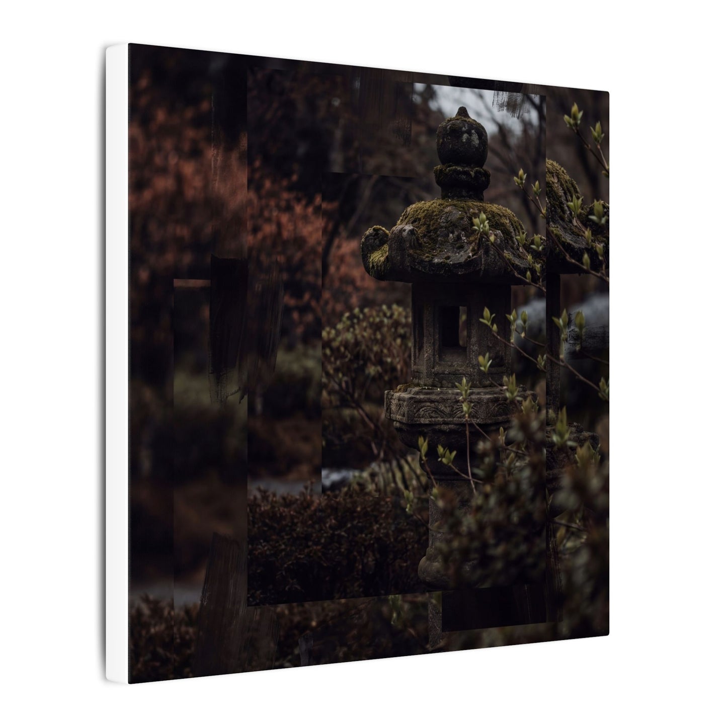 Stone Lantern Spring Canvas Art | Dark Japandi Bold Design