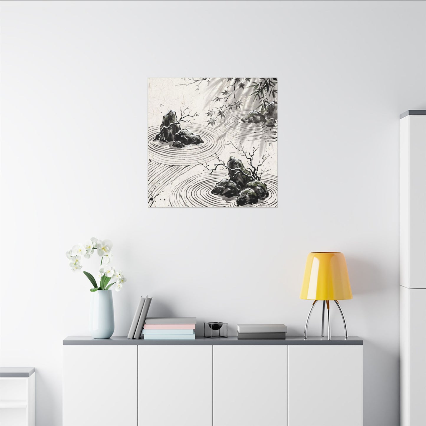 Rock Garden Canvas Art | Winter Zen Sumi E Art