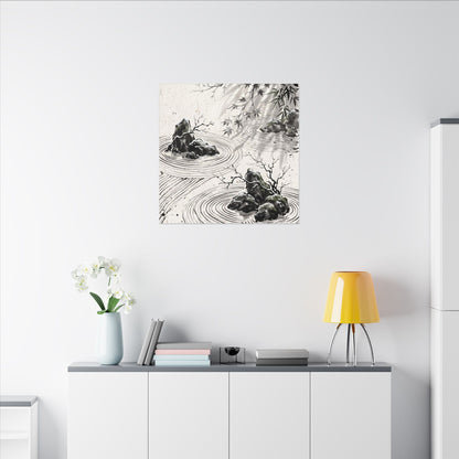 Rock Garden Canvas Art | Winter Zen Sumi E Art