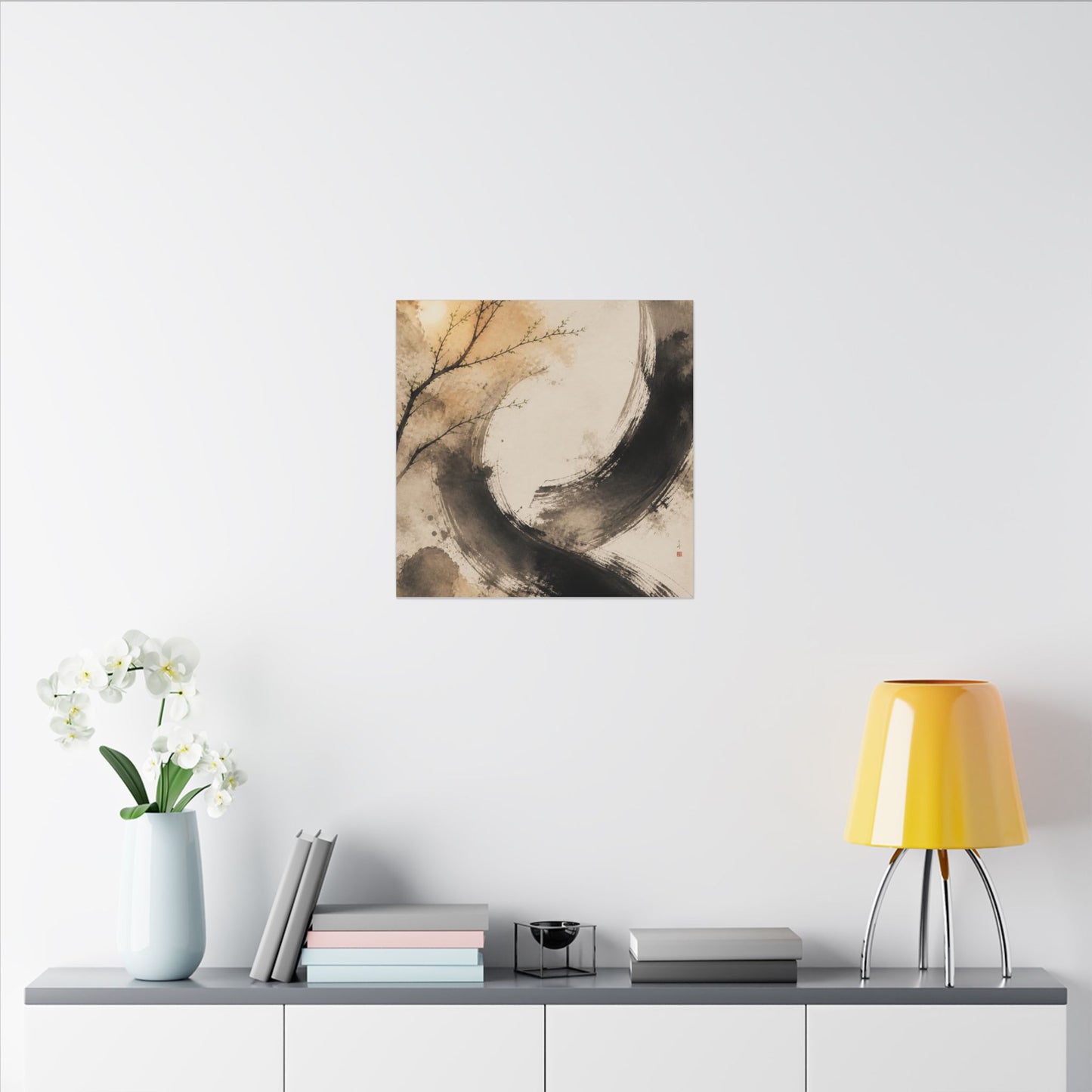 Japandi Ink Brushstroke in Golden Hour | Watercolor Canvas Art