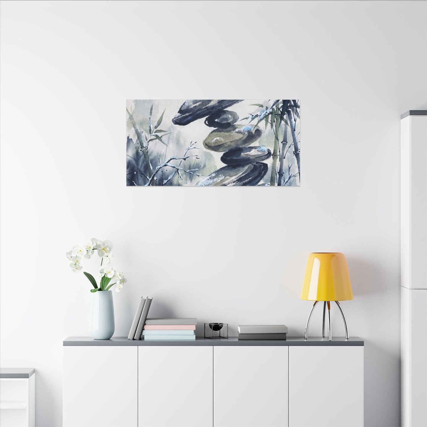 Zen River Stones in Moonlight | Sumi E Canvas Art