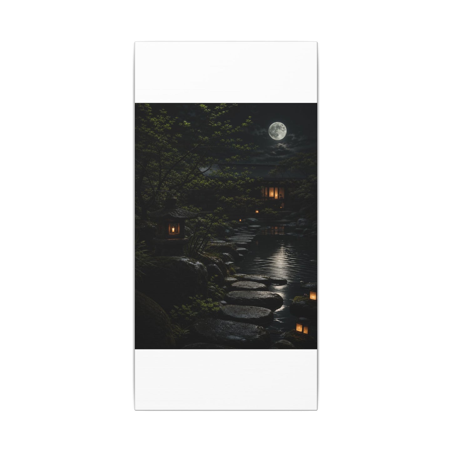 Moonlit Garden Shadow Zen Canvas Art | Sophisticated Dark Japandi Art