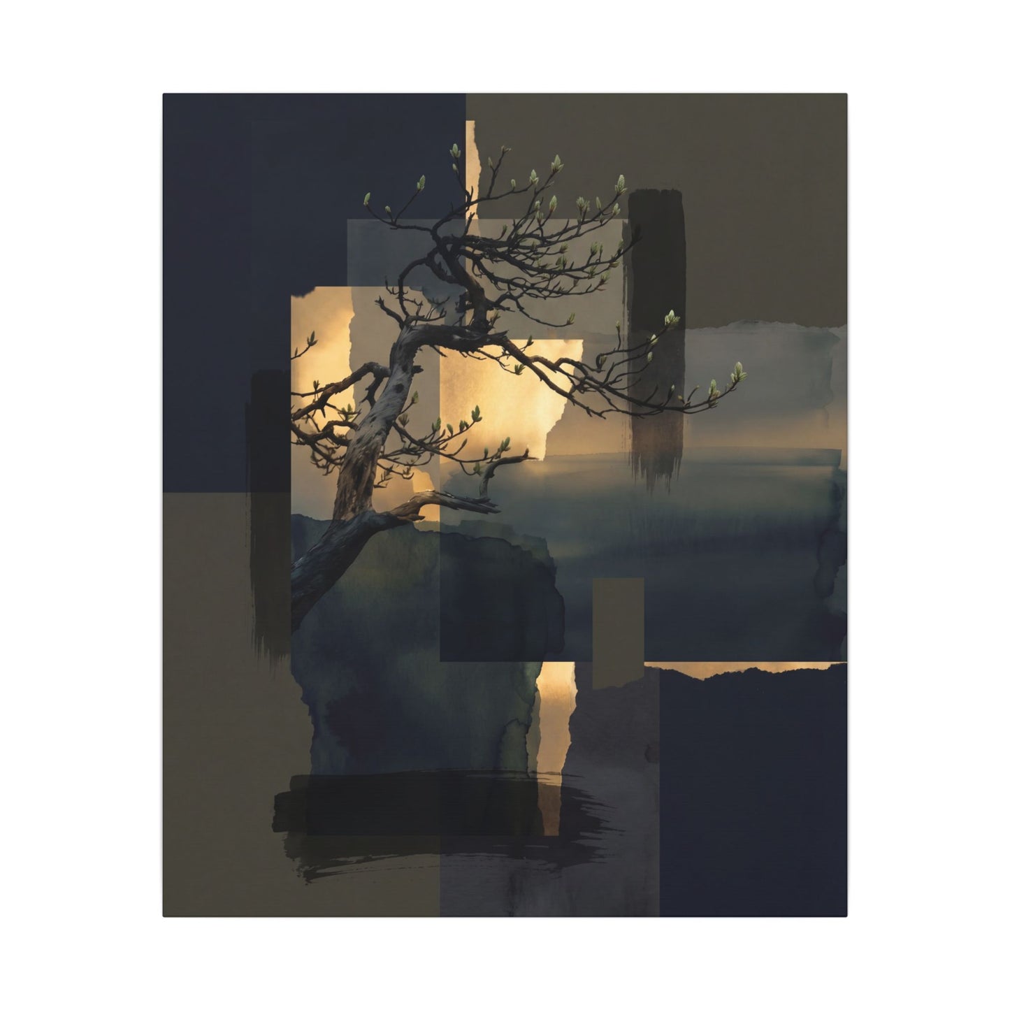 Golden Hour Pine Tree Canvas Art - Dark Japandi Kanso