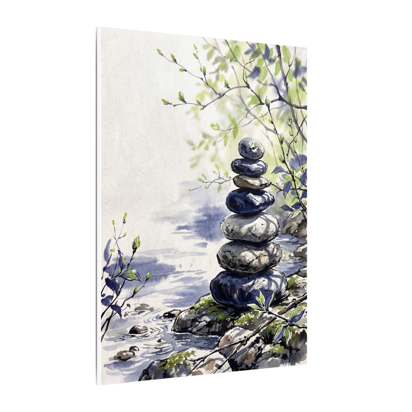 River Stones Sumi E Canvas Art | Serene Zen Art