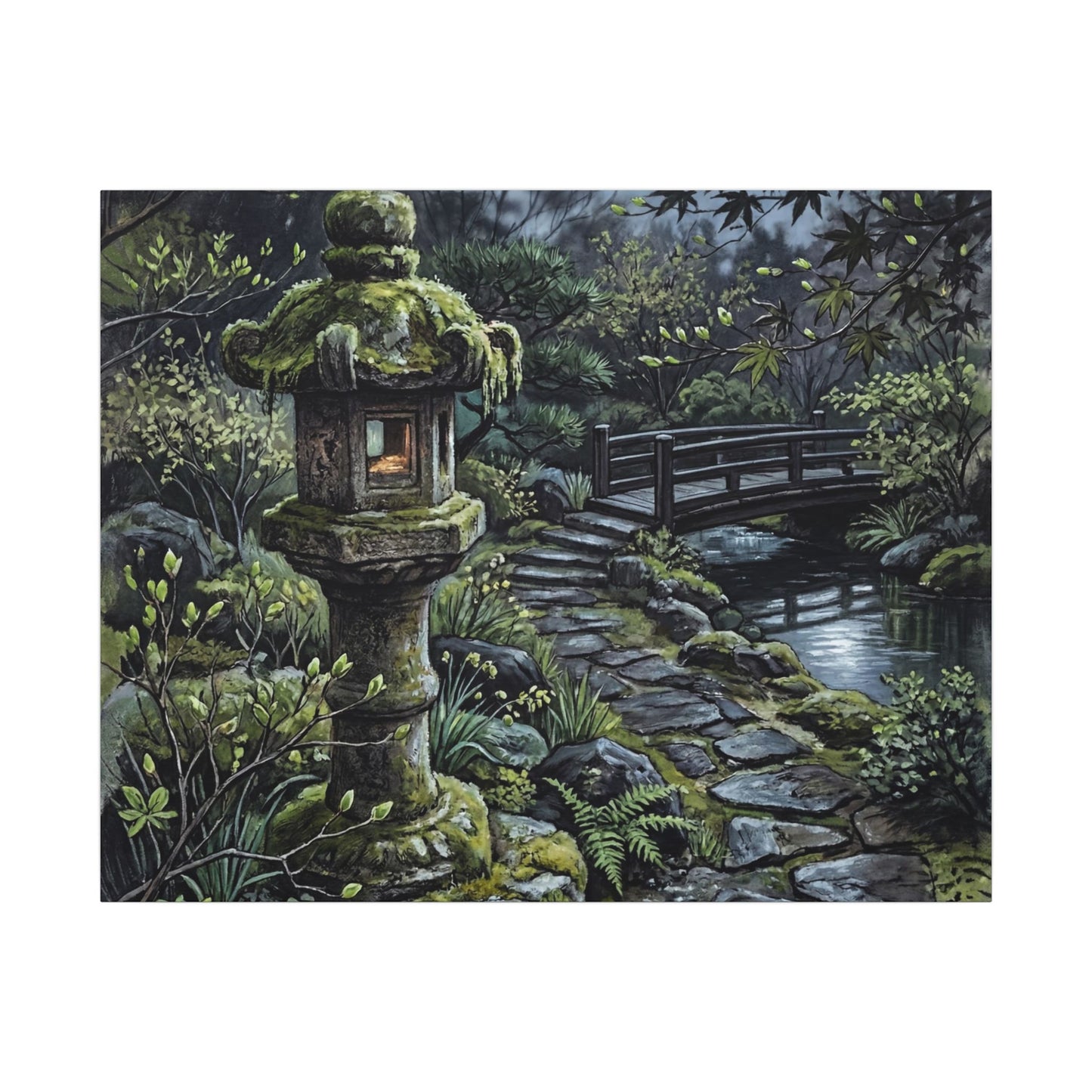 Japandi Stone Lantern in Moonlight | Texture Canvas Art