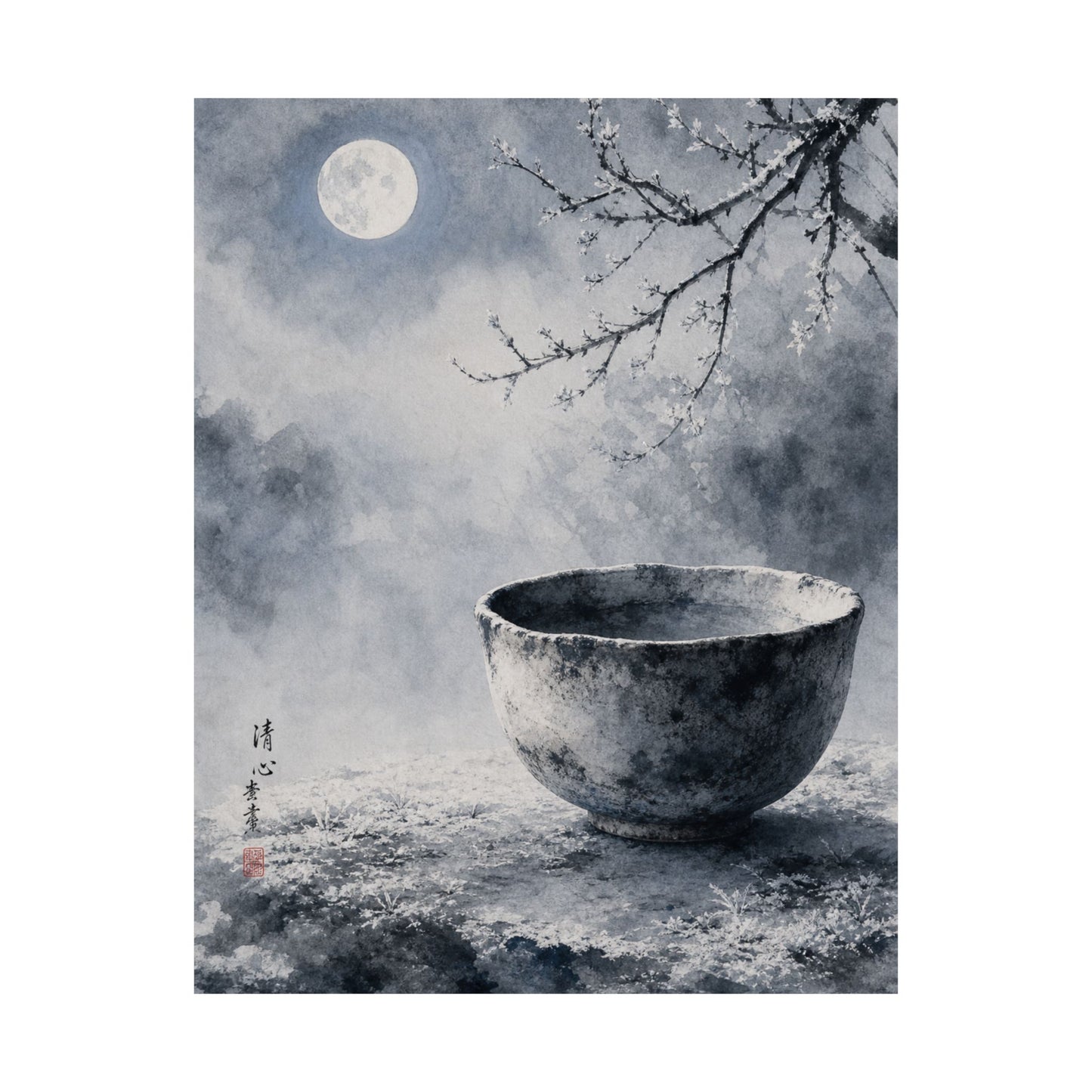 Winter Ceramic Bowl Sumi E Wall Art Print | Tranquil Decor